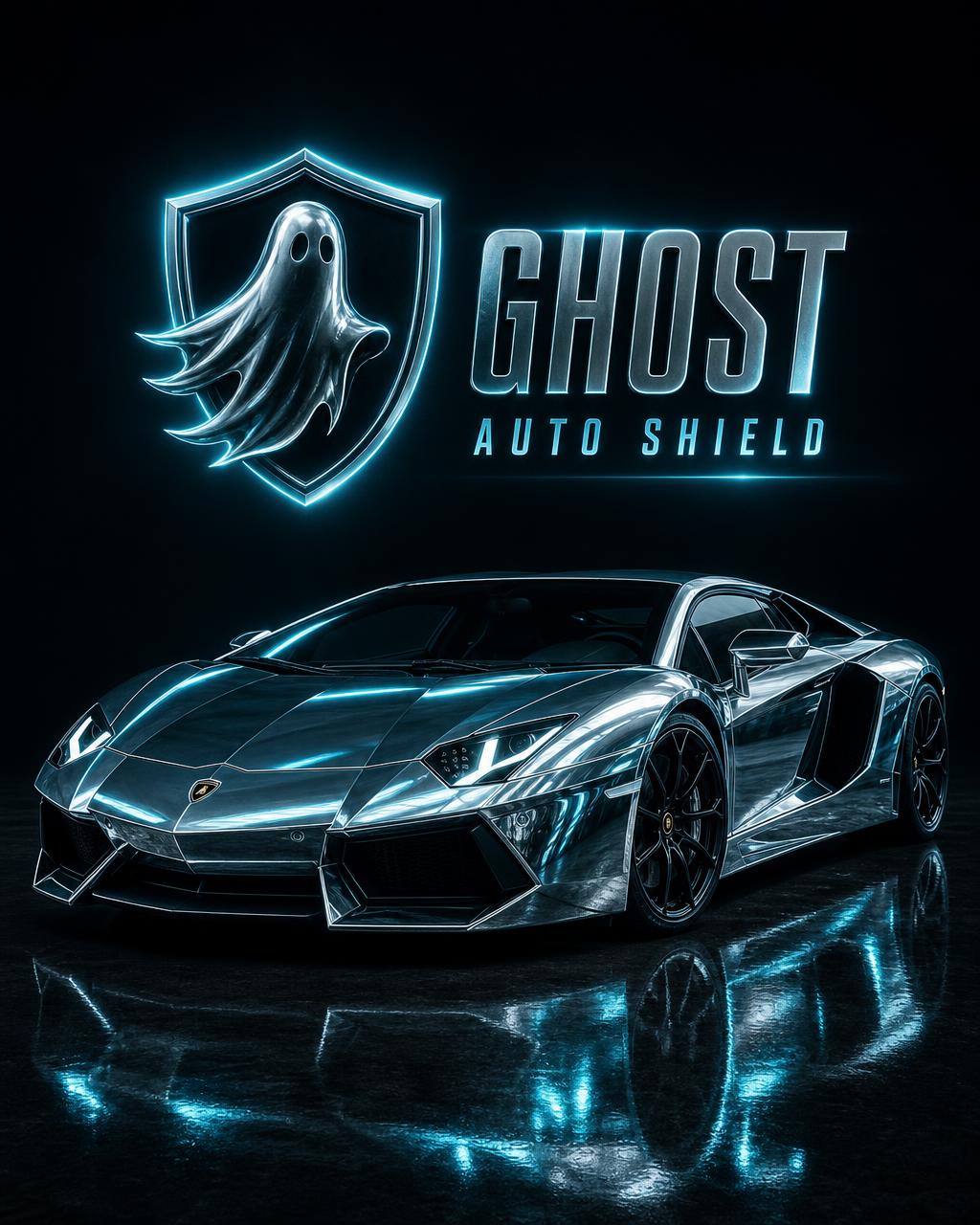 Chrome-wrapped Lamborghini Aventador beneath the Ghost Auto Shield emblem